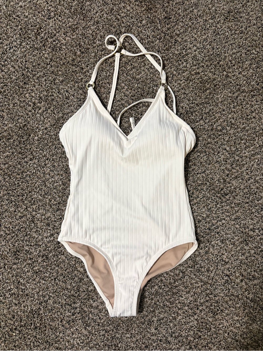 Kona Sol Cream Ribbed V-Neck One-Piece Swimsuit
